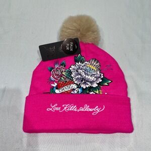 Ed Hardy Pink Love Kills Slowly Rhinestone Tattoo Graphic Pom Pom Beanie Hat NWT